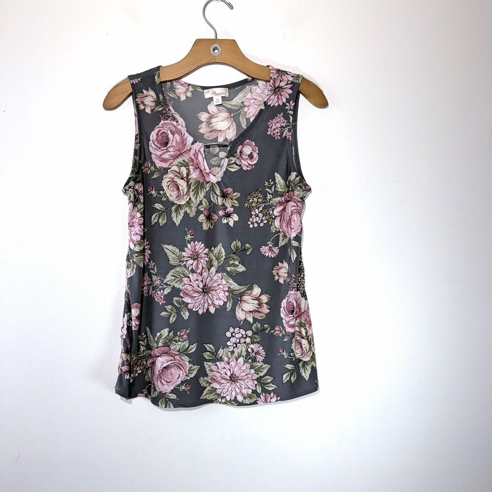 MISIA Women’s Gray Floral Print Sleeveless V-neck Stretch Top Size M